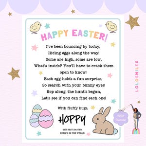 Carta imprimible del conejito de Pascua, letrero de búsqueda del tesoro de huevos de Pascua, poema de Hoppy el conejito de Pascua