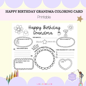 Alles Gute zum Geburtstag Oma Karte zum ausdrucken, Oma zum ausdrucken, Malseite, alles über Oma, Oma Geschenk von Grandkid, Basteln für Kinder