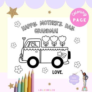 Fête des mères de camion de fleurs à colorier et carte pour grand-mère, idées d'artisanat pour la fête des mères de grand-mère, oeuvre d'art originale à imprimer
