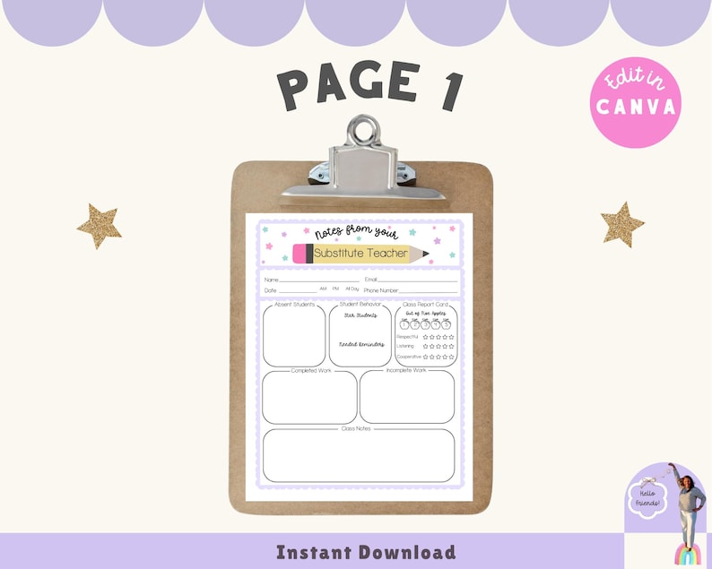 Substitute Teacher Report, Printable Note for Teachers, Substitute Teaching Resources, Classroom Decor
