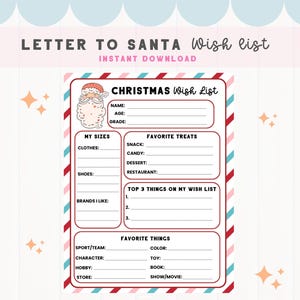 Weihnachtsbrief, Weihnachtswunschliste für Kinder, Brief an Santa Vorlage, Fragebogen zum Thema Weihnachtsmann, Meine Lieblingssachen Liste für Kinder