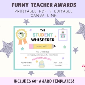 Funny Teacher Awards: 60 Editable Templates for Staff Recognition (Printable PDF & Canva Edit)