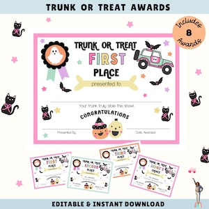 May include: A set of Halloween-themed awards with the text "Trunk or Treat Awards." The main award is pink and features a ghost, a jeep, and the words "First Place." Other awards are also visible, along with black cat and star decorations.