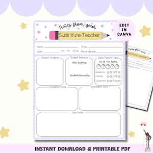 Substitute Teacher Report, Printable Note for Teachers, Substitute Teaching Resources, Classroom Decor