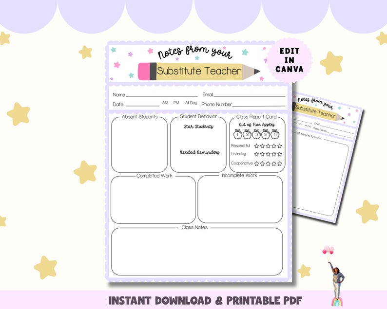 Substitute Teacher Report, Printable Note for Teachers, Substitute Teaching Resources, Classroom Decor
