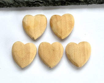 25mm wooden heart beads, 5 large unfinished wood heart shaped beads, drilled top to bottom with a 2mm wide hole