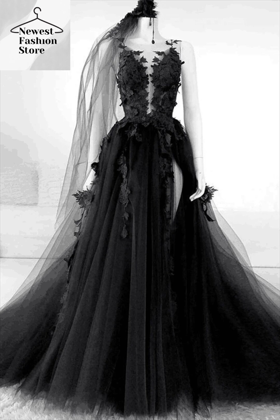 3D Floral Black Bridal Dress, Black Bridal Evening Dress, Tulle Prom ...