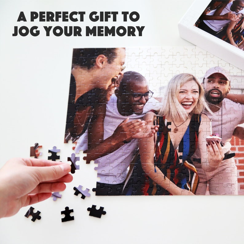 May include: A group of friends laughing together in a photo puzzle. The puzzle is partially assembled with a few pieces missing. The puzzle is a great gift for a friend or family member.