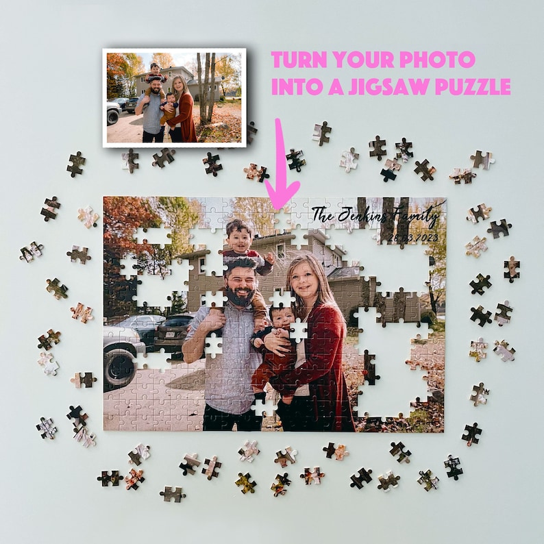 May include: A custom jigsaw puzzle featuring a family of four standing in front of a house. The puzzle is partially assembled and the pieces are scattered around the puzzle. The text "The Jenkins Family 28.03.2023" is printed on the puzzle.