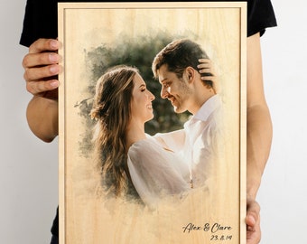 Décoration murale photo personnalisée | Photo personnalisée sur bois | Art mural bois portrait style aquarelle | Cadeaux pour elle et lui | Cadeau de mariage