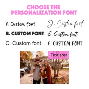 May include: A family of four poses for a photo in front of a house. The father is holding a young child on his shoulders, while the mother holds a baby in her arms. The text "CHOOSE THE PERSONALIZATION FONT" is displayed above the image, followed by six font options labeled A through F. The text "Text area" is displayed in a pink box below the image.