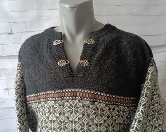Vintage noruego suéter de lana Northbrook Jersey Jumper Moda rara marrón escandinavo tejido lana étnica tradicional hebilla unisex L