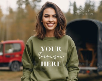 Military Green Gildan 18000 Sweatshirt Mockup, Camping Mockup, Sweatshirt Mockup, Gildan 18000 Mock ups, Gildan Military Green Mock Ups, POD