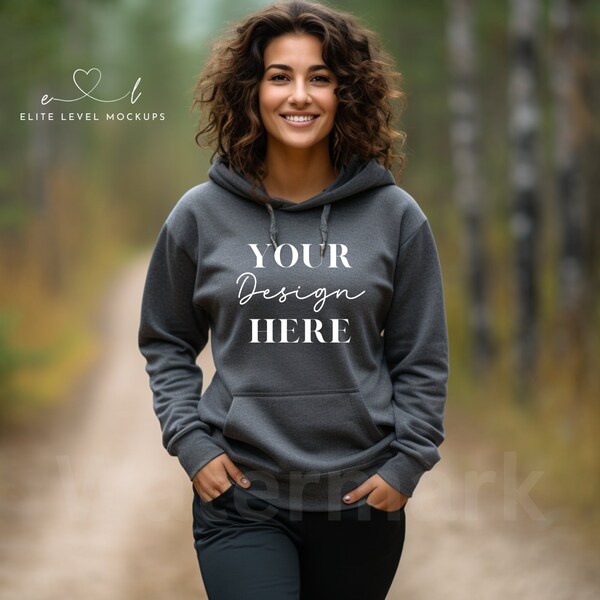 Female dark grey heather Gildan 18500 Mockup Gildan Hoodie Mockup G18500 Hooded Sweatshirt Model Mockup Simple Fall Mock up Gildan for POD