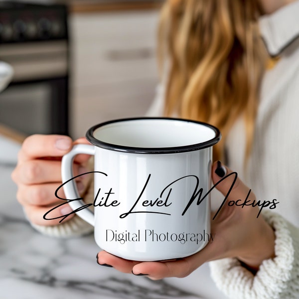 Camping Mug Mockup, Enamel Camp Mug with Black Rim, Model Mug Mockup, Styled Stock Photo, Model Holding 12 Oz Camping Mug with Black Finish