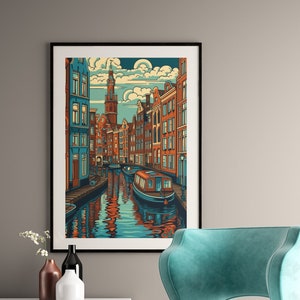 Sztuka ścienna Amsterdam, Dekoracja ścienna Amsterdam, Wydruk z podróży Amsterdam, Prezent dla Holendrów, Sztuka ścienna Amsterdam Cityscape, Plakat ze sztuką Amsterdam Canal