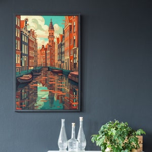 Amsterdam Holandia Retro Ilustracja Miasta, Scena Miasta Wystrój Domu, Płótno i Rama Wystrój, Wystrój Pokoju, Sztuka Do Wydruku, Natychmiastowe Pobieranie