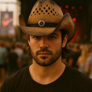 Peut inclure: Un chapeau de cowboy en paille avec une bande en cuir marron foncé et un emblème décoratif argenté. Le chapeau a un aspect vieilli. La personne porte un t-shirt noir.