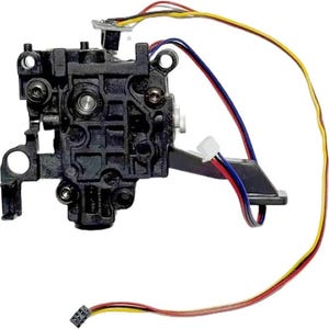 May include: A black, complex mechanical component with multiple screw heads and a series of colored wires attached. The wires are red, yellow, and blue. The component has a rectangular shape with various openings and protrusions.