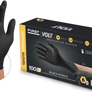 May include: A box of 100 black nitrile disposable gloves. The gloves are touchscreen compatible and offer superior puncture and abrasion resistance. The box features the text "First Volt Protective Gloves".