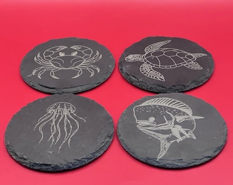 Black Laser Engraved Slate Sea Life Coasters Turtle, Dolphin, Crab and Jelly Fish