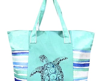 Aqua Turtle Beach Tote Bag – Striped Canvas Shopper