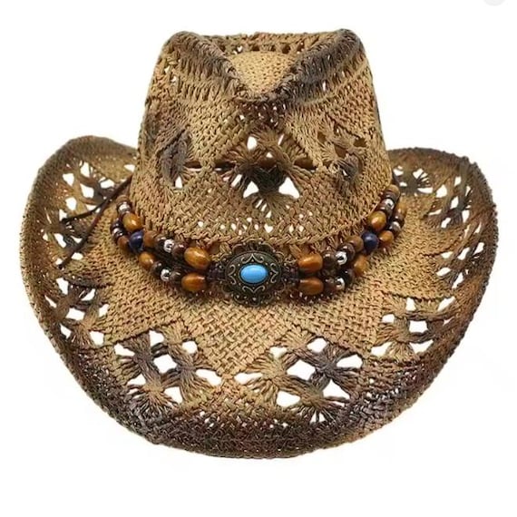 Unisex Western Ranch Rodeo Concert Festival Boho Indie Cowboy Cowgirl Straw Hat SALE 50% OFF - Straw Cowboy Cowgirl Hat With Hatband Beaded  main image 3
