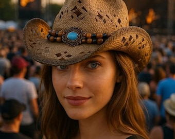 Sommer Stroh Cowboy Hut Frauen Männer — Boho Western Cowgirl Hut — Hohl Gewebte Festival Hut — Strand Sonnenhut — Country Konzert Rodeo Accessoire