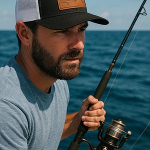 May include: A black and white trucker hat with a leather fish patch. The person is holding a fishing rod with a reel, with the sea in the background. The hat has a curved peak and a mesh back.