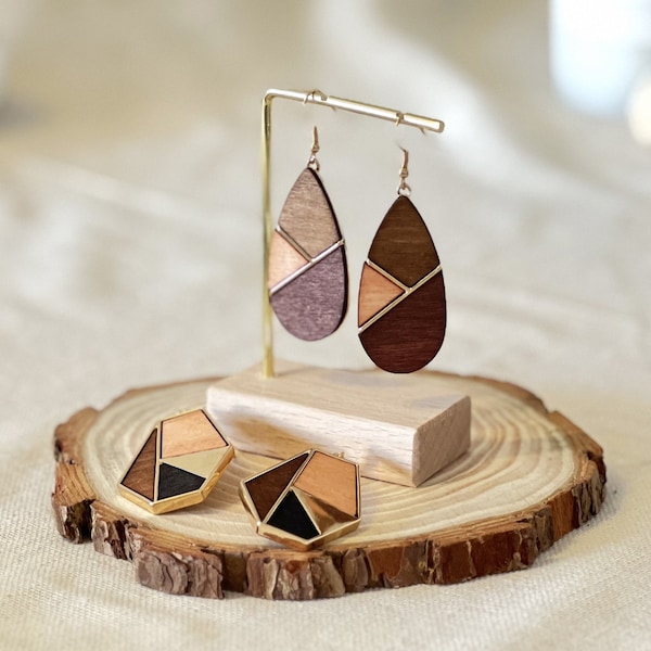 Geometrische houten sieraden, hangende oorbellen van hout, natuurlijke sieraden voor vrouwen, geometrische oorbellen, hangende oorbellen van natuurlijk hout, handgemaakt