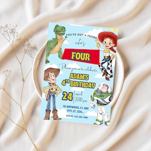May include: A colorful invitation featuring cartoon characters from Toy Story. The invitation is for Adam's 4th birthday, with the date April 24th and the time 3:00 pm. The invitation includes the address and RSVP information.