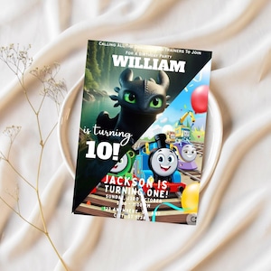 May include: A vibrant birthday party invitation with cartoon characters, including a dragon and a train. The invitation states "WILLIAM is turning 10!" and "JACKSON IS TURNING ONE!" with event details. The design features a green and blue colour scheme.