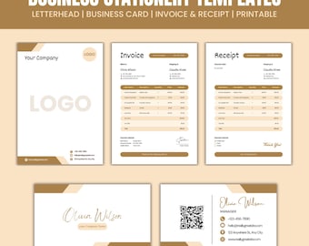 business branding bundle, business receipt, letterhead template, invoice editable template, Business Card Templates, QR code