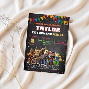 May include: A birthday party invitation featuring the text "JOIN US TO CELEBRATE TAYLOR IS TURNING NINE!" on a black background. The invitation includes the date, time, and location, along with Roblox characters. Colorful bunting decorates the top.