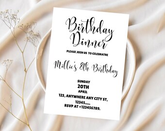Birthday Dinner Invitation Template | Minimalist Elegant Birthday Party Invite, Editable Dinner Invite, Printable Invite, Instant Download