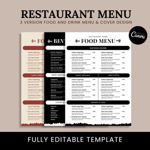Plantilla de menú de restaurante, menú de cafetería, menú de comida de restaurante digital, diseño de menú de restaurante, menú Canva editable, descarga instantánea