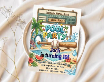 Baseball Pool Party Invitation Template, Kids Birthday Invitation, Editable Canva Digital Invitation, Summer Sports Party Invite