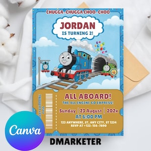 May include: A birthday invitation card featuring a blue train with the number 1, a green train, and clouds against a blue sky. Text includes CHUGGA-CHUGGA CHOO-CHOO, JORDAN IS TURNING 2!, ALL ABOARD!, THE ALL ENGINE GO EXPRESS!, and event details.