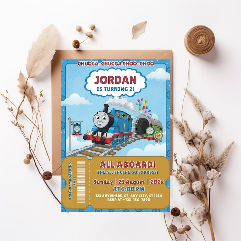 May include: A rectangular birthday invitation card featuring a blue train character with the number 1, a green train, and the text CHUGGA-CHUGGA CHOO-CHOO, JORDAN IS TURNING 2, ALL ABOARD, THE ALL ENGINE GO EXPRESS, Sunday 23 August 202x at 6:00 PM.