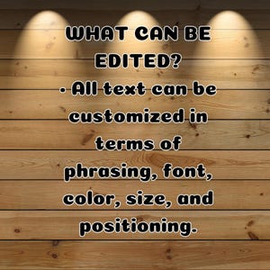 May include: A light brown wooden plank background with black text that reads: WHAT CAN BE EDITED? All text can be customized in terms of phrasing, font, color, size, and positioning. The text is centered and illuminated by three overhead spotlights.
