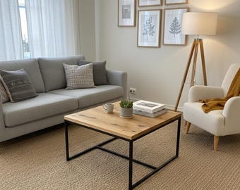 Square coffee table | Solid oak | Industrial style side table with metal frame | Minimalist design | Lacquered | Epoxy resin