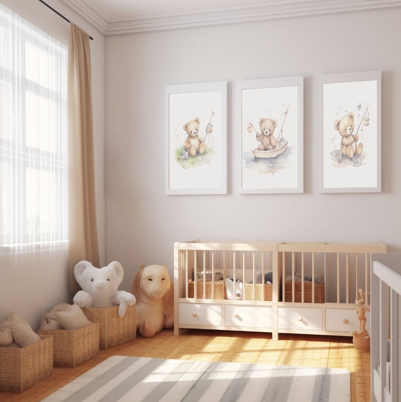 Set of 3 Teddy Bear Nursery Wall Art, Animal Print Nursery, Nursery ...