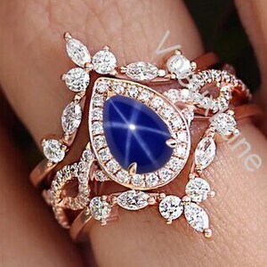 Unique Blue Star Sapphire Engagement Ring Set Antique 3 Piece Wedding Ring Set Vintage Bridal Anniversary Ring Set For Women Promise Ring