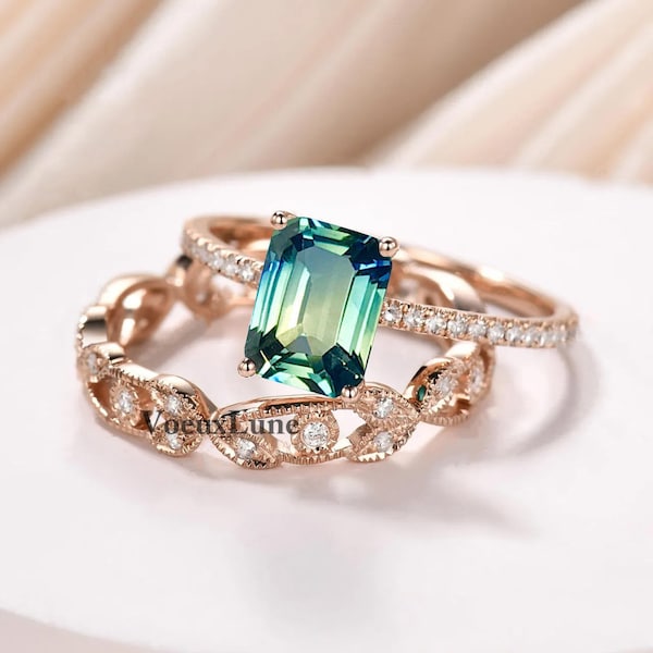 Emerald Cut Teal Sapphire Engagement Ring Set Color Changing Teal Sapphire Wedding Ring Set 2 Pcs Unique Art Deco Leaf Ring Set Bridal Gift