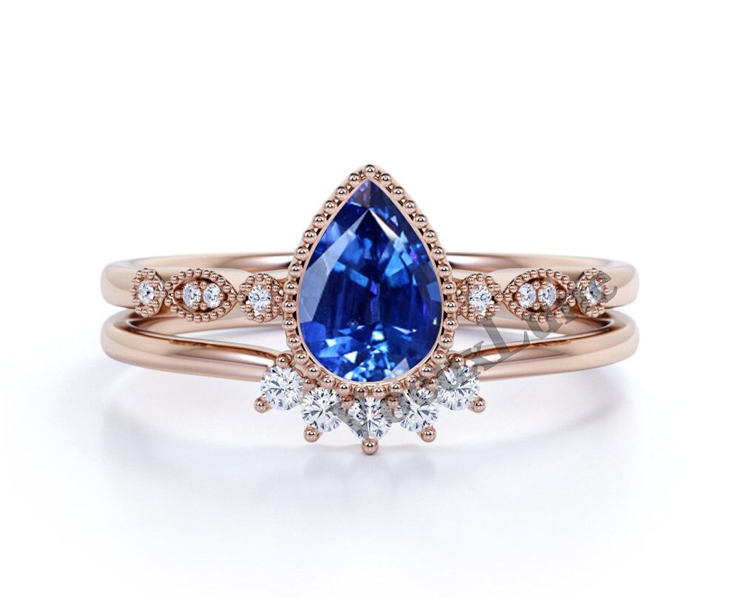 Vintage Blue Sapphire Engagement Ring Pear Shape Blue Sapphire Wedding ...