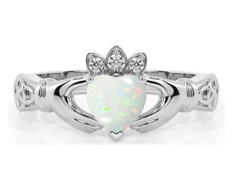 Gothic Jewelry Opal Claddagh Style Engagement Ring Sterling Silver Women Ring Silver Claddagh Ring Tiny Celtic Irish Claddagh Ring For Women