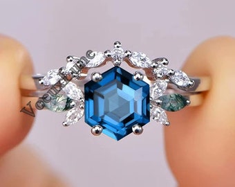 Vintage Hexagon Cut London Blue Topaz Engagement Ring Set Unique Art Deco Bridal Ring Set Antique 2 Piece Wedding Promise Ring Set For Women