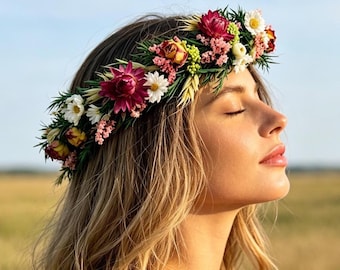 Spring Mixed Wildflowers Wedding Crown, Boho Dried Flower, Rustic Flower Girl Headpiece, Bride Accessory