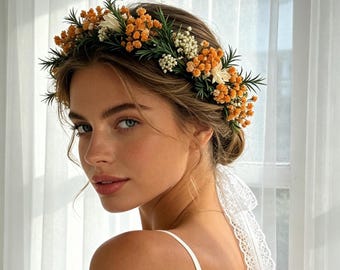 Corona de flores secas naturales para el cabello, tocado rústico de flores silvestres, accesorios para el cabello de boda estilo boho.