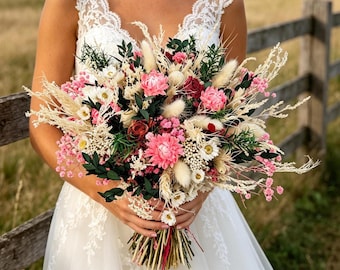 Ramo de novia de flores silvestres rosas secas, accesorios florales mixtos de rosa y eucalipto para bodas